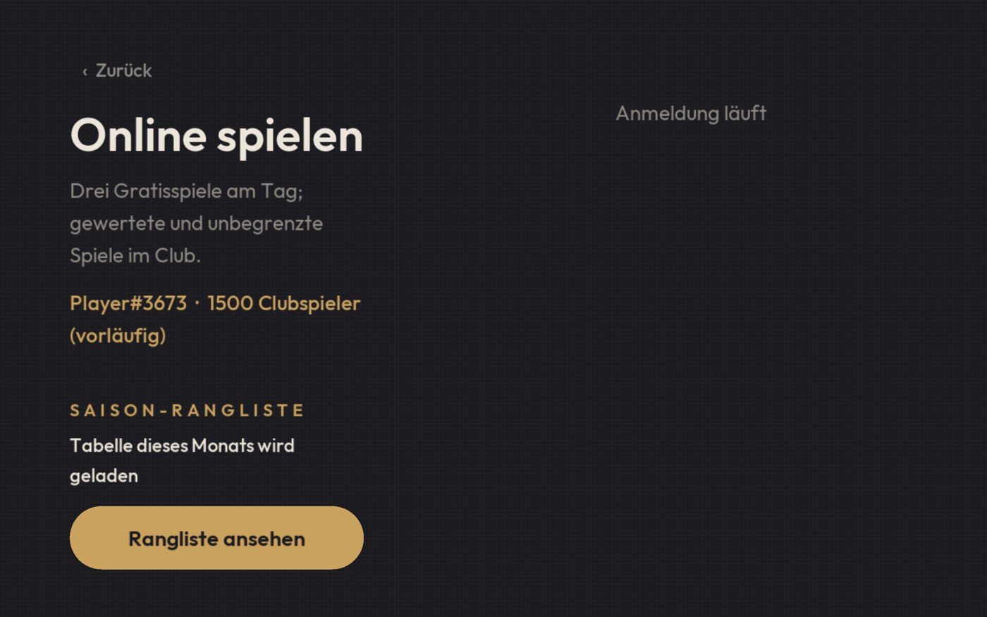 Die Online-Lobby: Schaltflächen für ungewertete und gewertete Partien, ein Feld für den Code eines privaten Raums und der Streifen mit der Saisonrangliste.