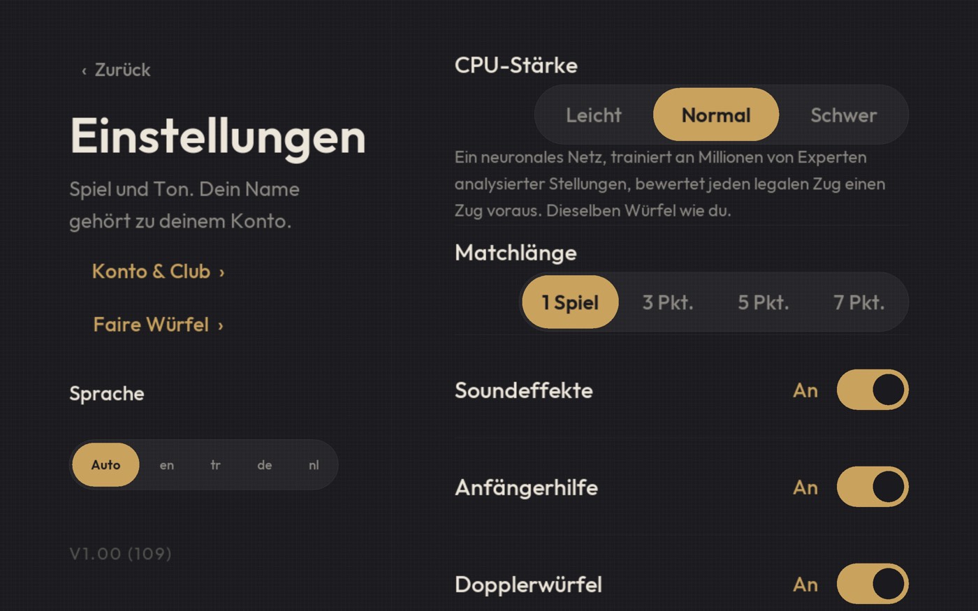 Die Einstellungen: Spielstärke des Computers auf Schwer, der Dopplerwürfel, die Anfängerhilfe und der Schalter Zug bestätigen.