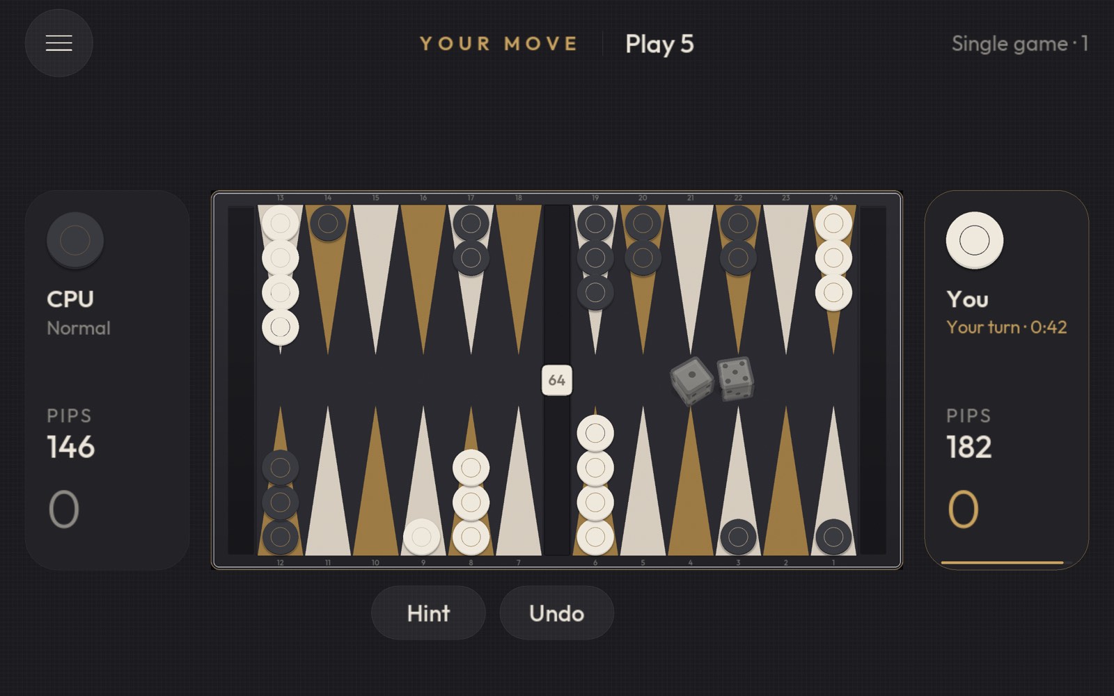 A game in progress against the engine: the board with chequers and dice, the pip counts (how far each player still has to move) and the current level.