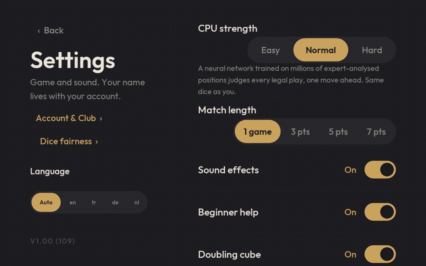 Settings: computer strength on Hard, the doubling cube, beginner help and the Confirm my turn switch.