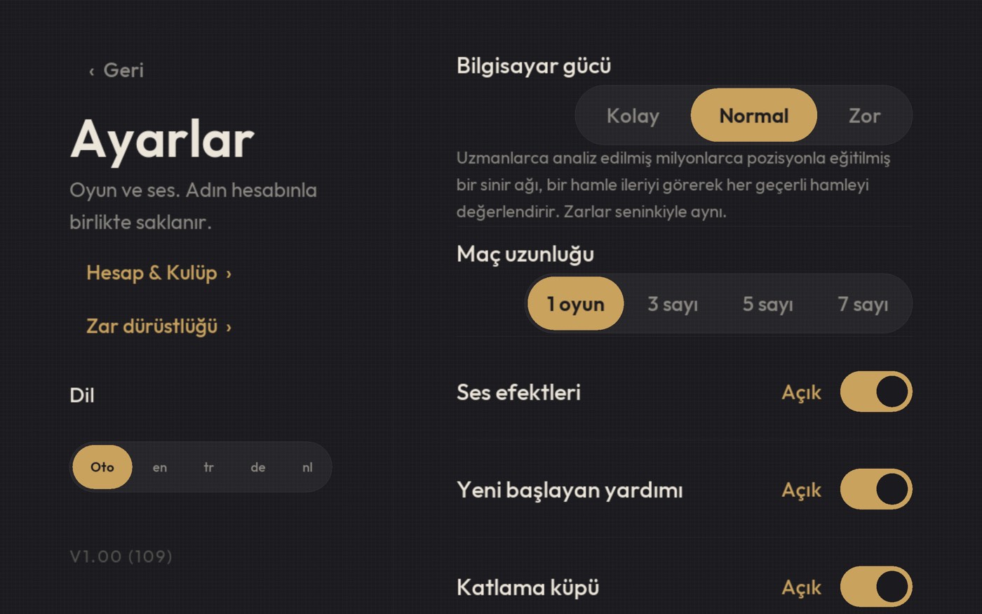 Ayarlar ekranı: Bilgisayar gücü Zor'da, Katlama küpü, Yeni başlayan yardımı ve Sıramı onayla.